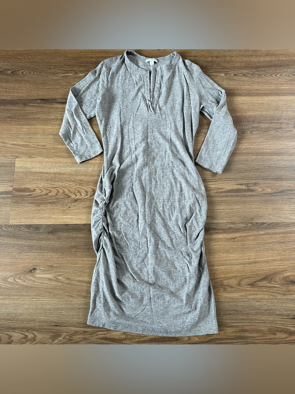 James Perse Henley Midi Dress Gray Knit Bodycon Cotton/Wool Size 3 Large Shirred